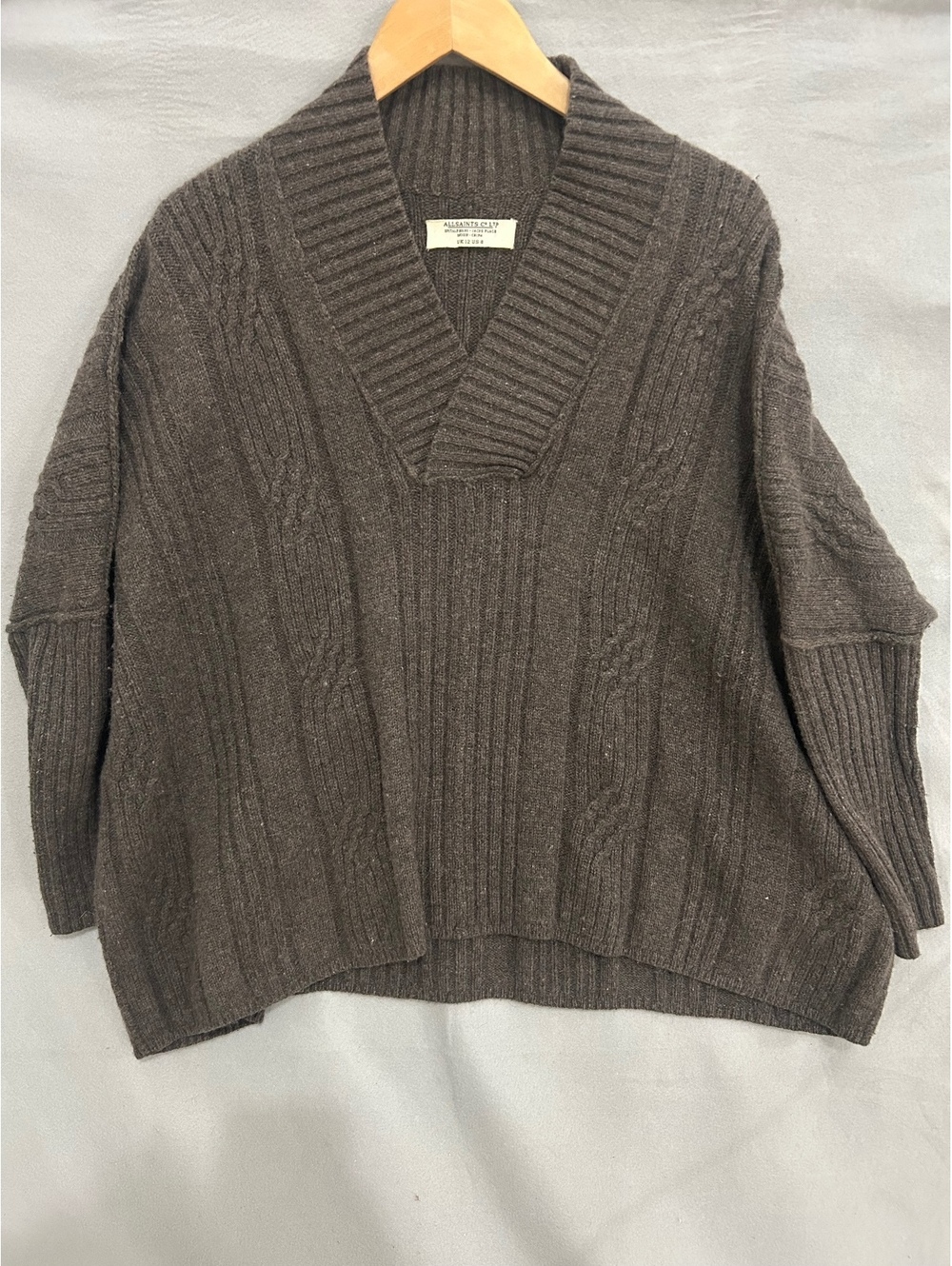 AllSaints Brown Ribbed Shawl Collar Cardigan Sweater, US 8 / UK 12, Lambswool-Bl